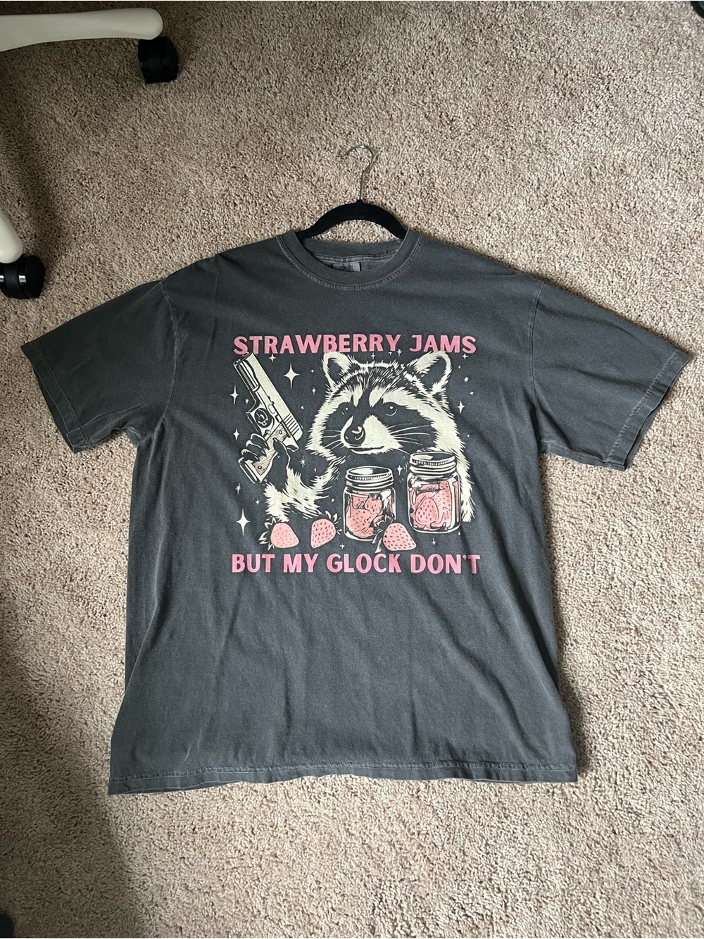 Comfort Colors Charcoal Tee with Pink Graphic - Strawberry Jams Raccoon